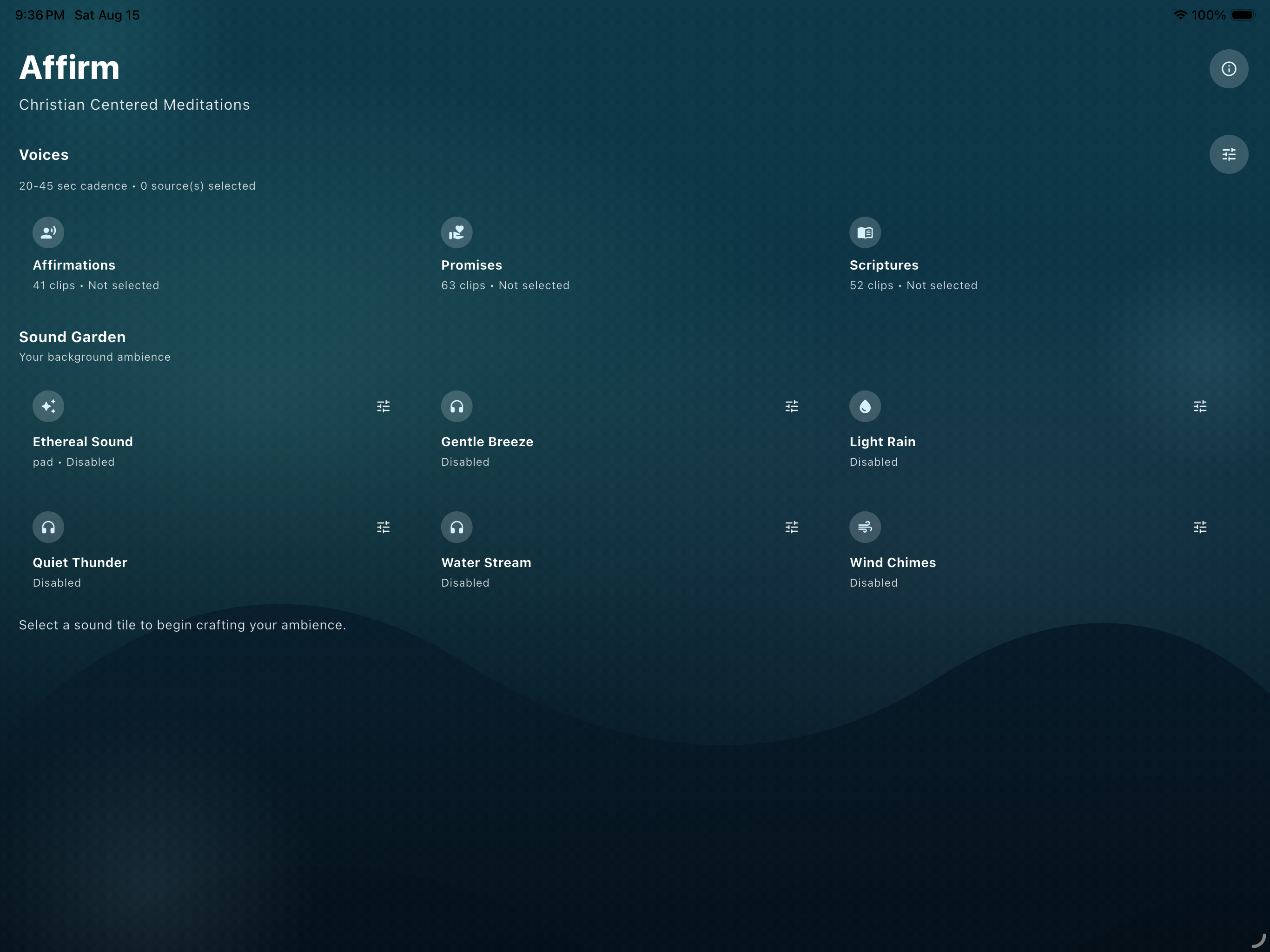 Affirm shown on an iPad with the voices and sound garden layout